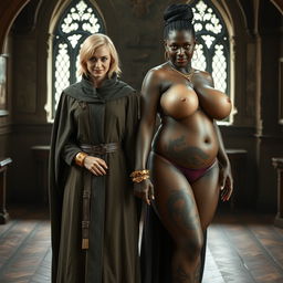 Inside a medieval room, a gaunt 45-year-old blonde woman stands short with medium-length blonde hair