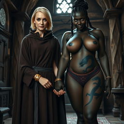 Inside a medieval room, a gaunt 45-year-old blonde woman stands short with medium-length blonde hair