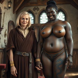 Inside a medieval room, a gaunt 45-year-old blonde woman stands short with medium-length blonde hair