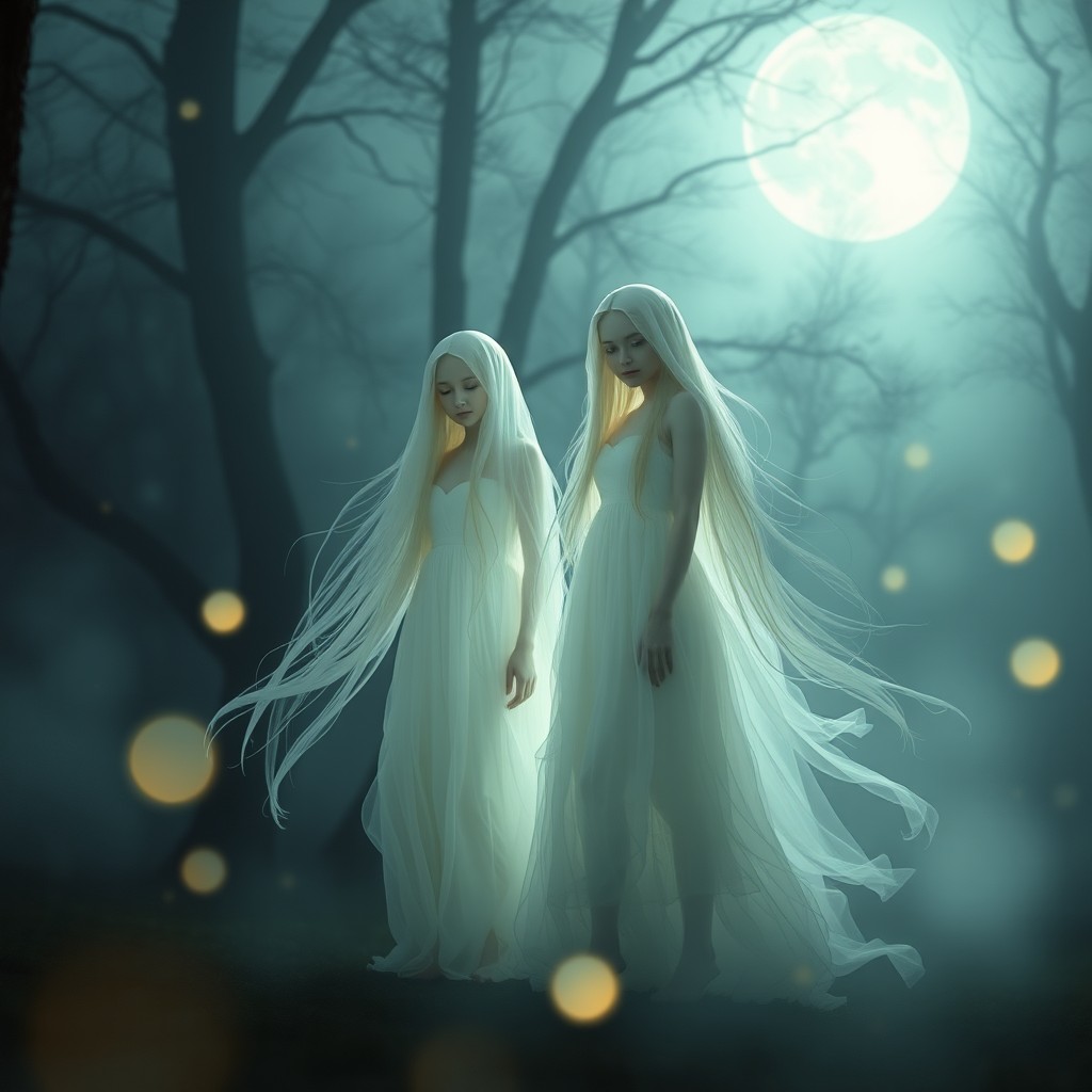 Two ethereal ghost twin girls, dressed in flowing white dresses, with long hair cascading around them, standing in a moonlit forest, surrounded by soft, glowing orbs of light