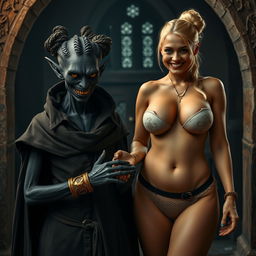 In a medieval room, a sinister, emaciated black woman, aged 30, with completely black skin, stands at a low height