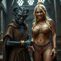 Inside a medieval room, a wicked, emaciated black woman, around 30 years old, has completely black skin and stands at a low height