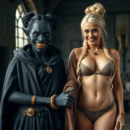 In a medieval room, a wicked, emaciated black woman, around 30 years old, has completely black skin and stands at a low height