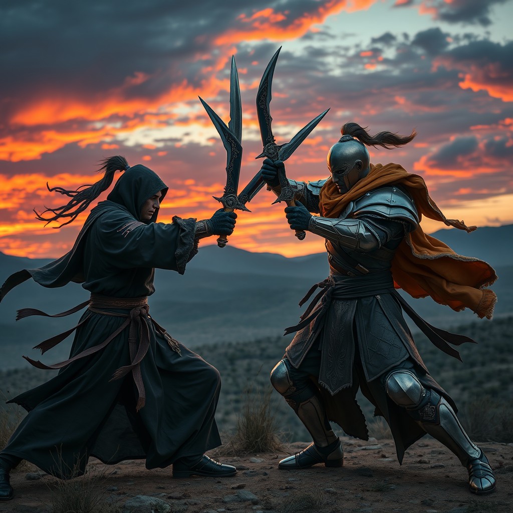 Two skilled fighters engaged in a fierce duel, wielding ornate daggers, one dressed in dark, flowing robes and the other in bright, armored attire