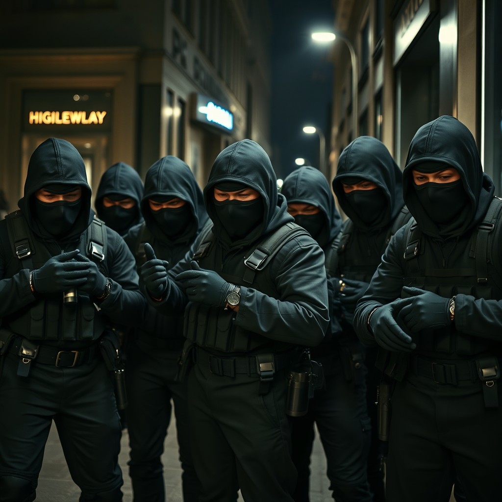 A group of stealthy thieves, each wearing dark balaclavas that conceal their identities, and black gloves that enhance their ability to move silently