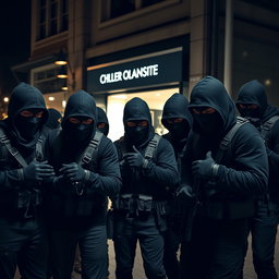 A group of stealthy thieves, each wearing dark balaclavas that conceal their identities, and black gloves that enhance their ability to move silently