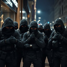 A group of stealthy thieves, each wearing dark balaclavas that conceal their identities, and black gloves that enhance their ability to move silently