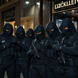 A group of stealthy thieves, each wearing dark balaclavas that conceal their identities, and black gloves that enhance their ability to move silently