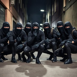 A group of young thieves, each wearing black balaclavas and dark gloves, gathered in an urban setting during the nighttime