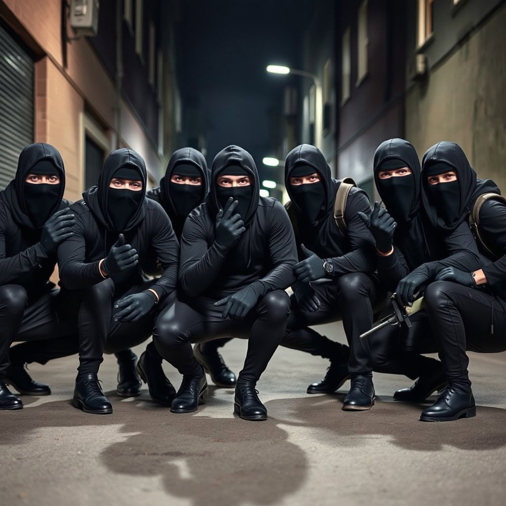 A group of young thieves, each wearing black balaclavas and dark gloves, gathered in an urban setting during the nighttime