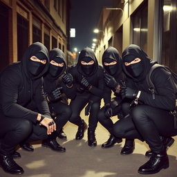 A group of young thieves, each wearing black balaclavas and dark gloves, gathered in an urban setting during the nighttime