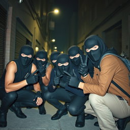 A group of young thieves, each wearing black balaclavas and dark gloves, gathered in an urban setting during the nighttime