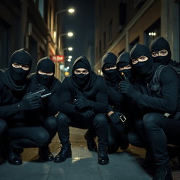 A group of young thieves, each wearing black balaclavas and dark gloves, gathered in an urban setting during the nighttime