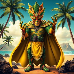 A unique supervillain inspired by the vibrant beauty of the Canary Islands, adorned with tropical motifs and colors