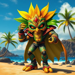 A unique supervillain inspired by the vibrant beauty of the Canary Islands, adorned with tropical motifs and colors