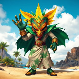 A unique supervillain inspired by the vibrant beauty of the Canary Islands, adorned with tropical motifs and colors