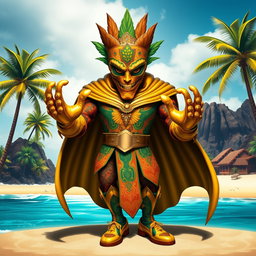 A unique supervillain inspired by the vibrant beauty of the Canary Islands, adorned with tropical motifs and colors