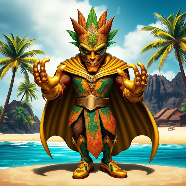 A unique supervillain inspired by the vibrant beauty of the Canary Islands, adorned with tropical motifs and colors