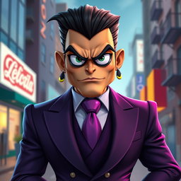 A realistic depiction of a humanized adult form of Mojo Jojo, the well-known character from the Powerpuff Girls