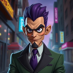 A realistic depiction of a humanized adult form of Mojo Jojo, the well-known character from the Powerpuff Girls