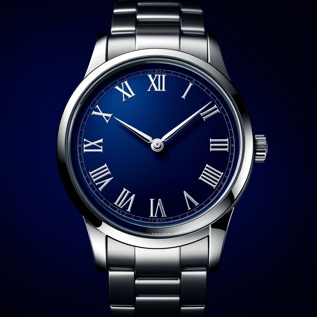 A luxurious watch design featuring a deep blue background specifically behind the silver hands, making them stand out beautifully