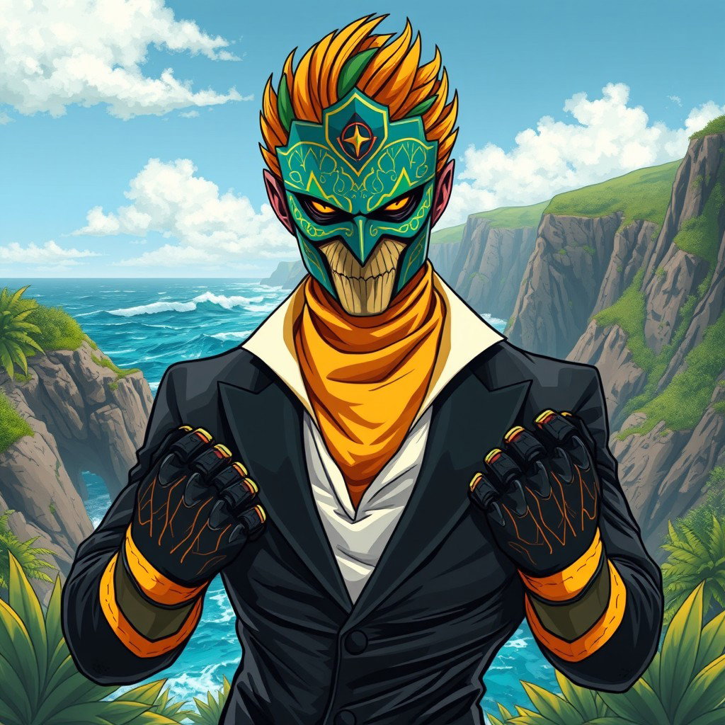 A striking illustration of a male supervillain inspired by the Canary Islands, featuring a unique design that blends tropical elements with a menacing aesthetic