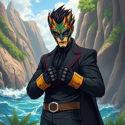 A striking illustration of a male supervillain inspired by the Canary Islands, featuring a unique design that blends tropical elements with a menacing aesthetic