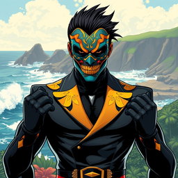 A striking illustration of a male supervillain inspired by the Canary Islands, featuring a unique design that blends tropical elements with a menacing aesthetic