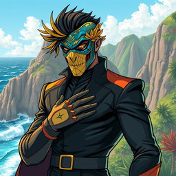A striking illustration of a male supervillain inspired by the Canary Islands, featuring a unique design that blends tropical elements with a menacing aesthetic