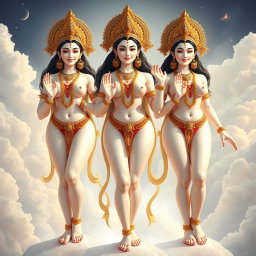 Three stunning Apsaras with radiant, glowing milk white skin, beautifully adorned with intricate jewelry around their necks and delicate payals on their feet