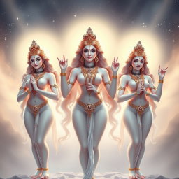 Three beautiful apsaras with divine, glowing milk-colored skin, standing confidently in Swarglok