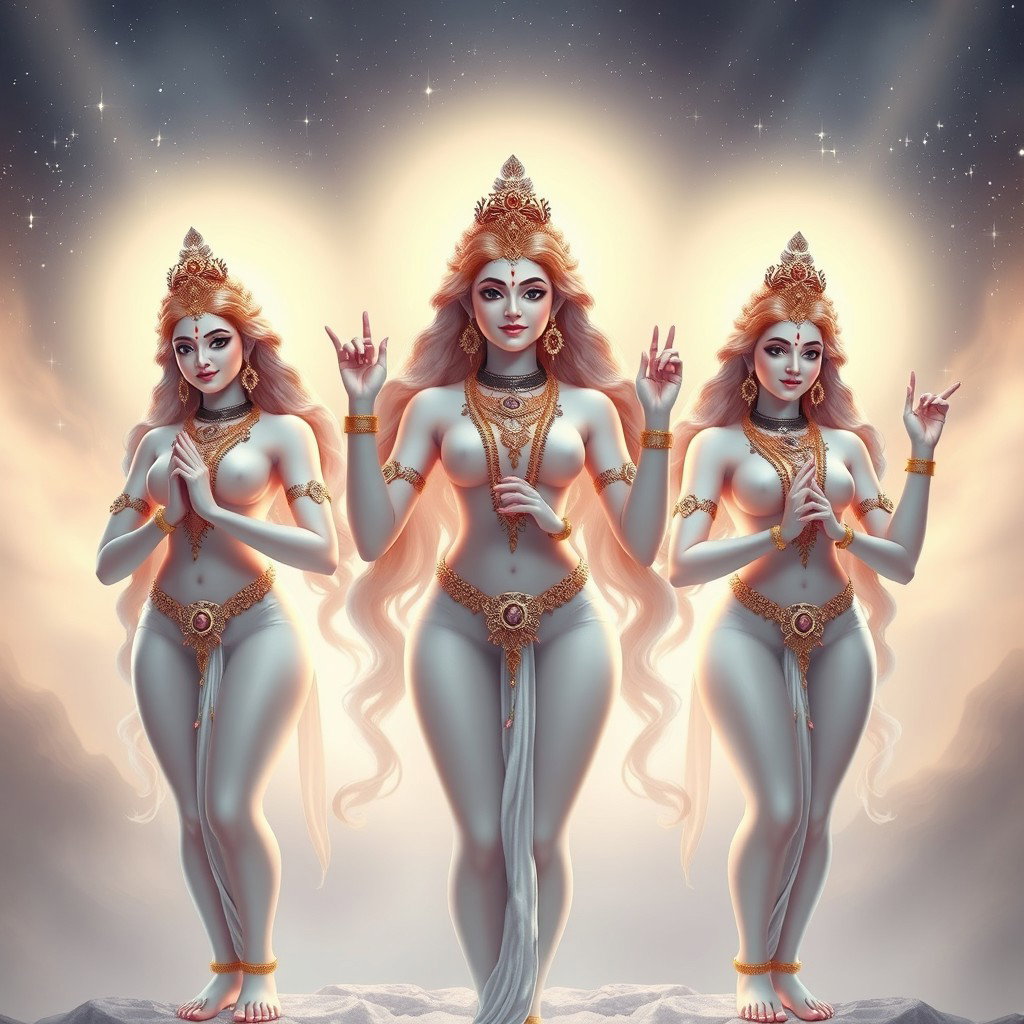 Three beautiful apsaras with divine, glowing milk-colored skin, standing confidently in Swarglok