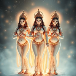 Three beautiful apsaras with divine, glowing milk-colored skin, standing confidently in Swarglok