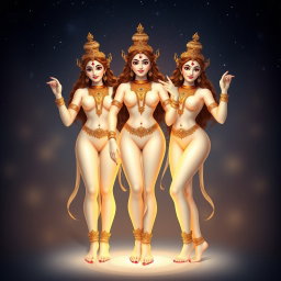 Three beautiful apsaras with divine, glowing milk-colored skin, standing confidently in Swarglok