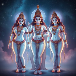 Three beautiful apsaras with divine, glowing milk-colored skin, standing confidently in Swarglok