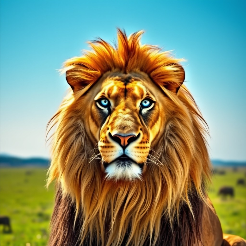 A majestic lion with striking blue eyes, showcasing its powerful presence