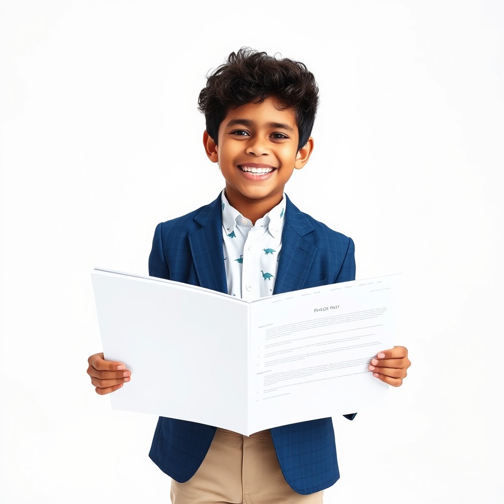 A studio photograph featuring a Brazilian boy with a bright smile, holding an open magazine with a blank cover designed like a mockup, appearing to read it