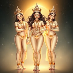 Three beautiful apsaras with radiant, glowing milk-colored skin, standing confidently in Swarglok