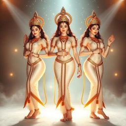 Three beautiful apsaras with radiant, glowing milk-colored skin, standing confidently in Swarglok