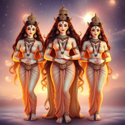 Three beautiful apsaras with radiant, glowing milk-colored skin, standing confidently in Swarglok