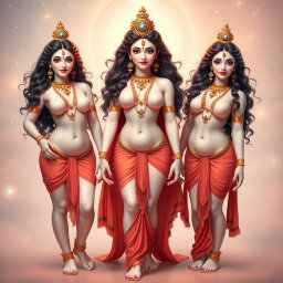 Three beautiful apsaras with radiant, glowing milk-colored skin, standing confidently in Swarglok