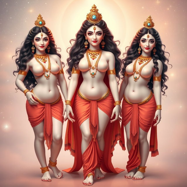 Three beautiful apsaras with radiant, glowing milk-colored skin, standing confidently in Swarglok