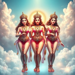 Three beautiful and divine Apsaras with glowing skin, standing confidently in a celestial setting, showcasing their stunning beauty