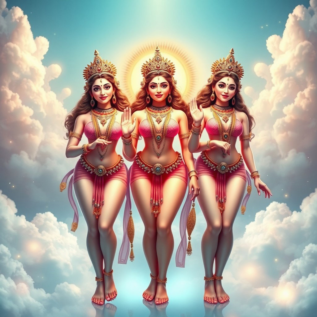 Three beautiful and divine Apsaras with glowing skin, standing confidently in a celestial setting, showcasing their stunning beauty