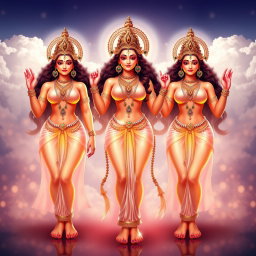 Three beautiful and divine Apsaras with glowing skin, standing confidently in a celestial setting, showcasing their stunning beauty