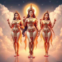 Three beautiful and divine Apsaras with glowing skin, standing confidently in a celestial setting, showcasing their stunning beauty