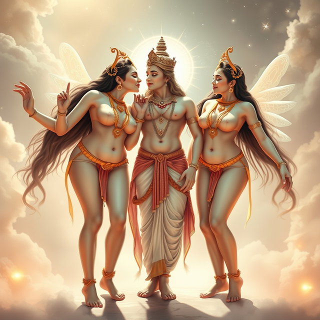 A captivating scene depicting three apsaras with beautiful, milk-glow skin, each completely nude, showcasing their divine beauty and alluring curves