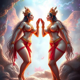 Two breathtakingly beautiful and divine Apsaras with glowing milky skin, each adorned with delicate jewelry around their necks and traditional anklets (payal) on their feet