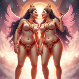 Two breathtakingly beautiful and divine Apsaras with glowing milky skin, each adorned with delicate jewelry around their necks and traditional anklets (payal) on their feet