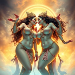 Two breathtakingly beautiful and divine Apsaras with glowing milky skin, each adorned with delicate jewelry around their necks and traditional anklets (payal) on their feet